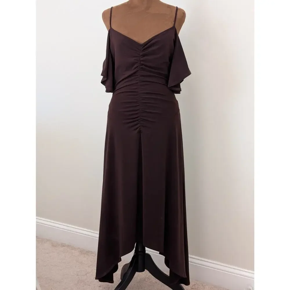 Vintage 90s Laundry by Shelli Segal Brown Ruched Cold Shoulder Midi - 8 - Picture 2 of 10